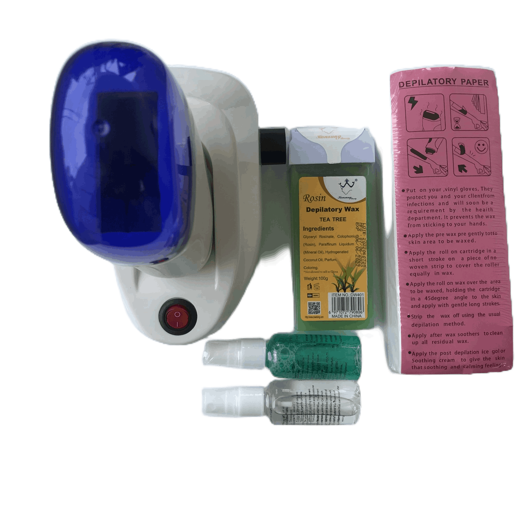 Combo Máy làm nóng wax lông, sáp wax cây đơn, kèm sáp wax, tập giấy wax, và cặp dung dịch vế sinh trước và sau wax