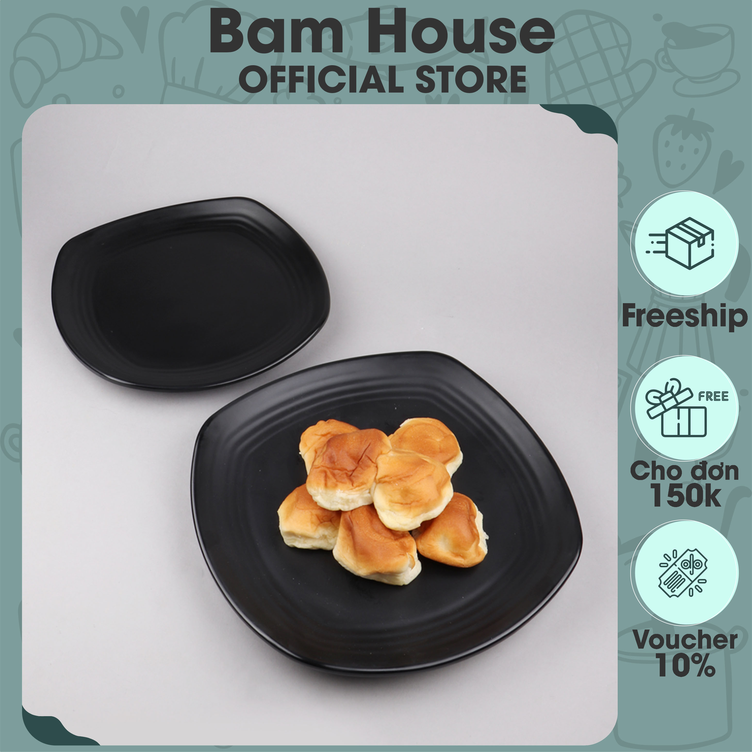 Dĩa nhựa vuông Bam House chất liệu melamine đen nhám 24x24cm cao cấp DNV04 - Dĩa vuông Dia vuong
