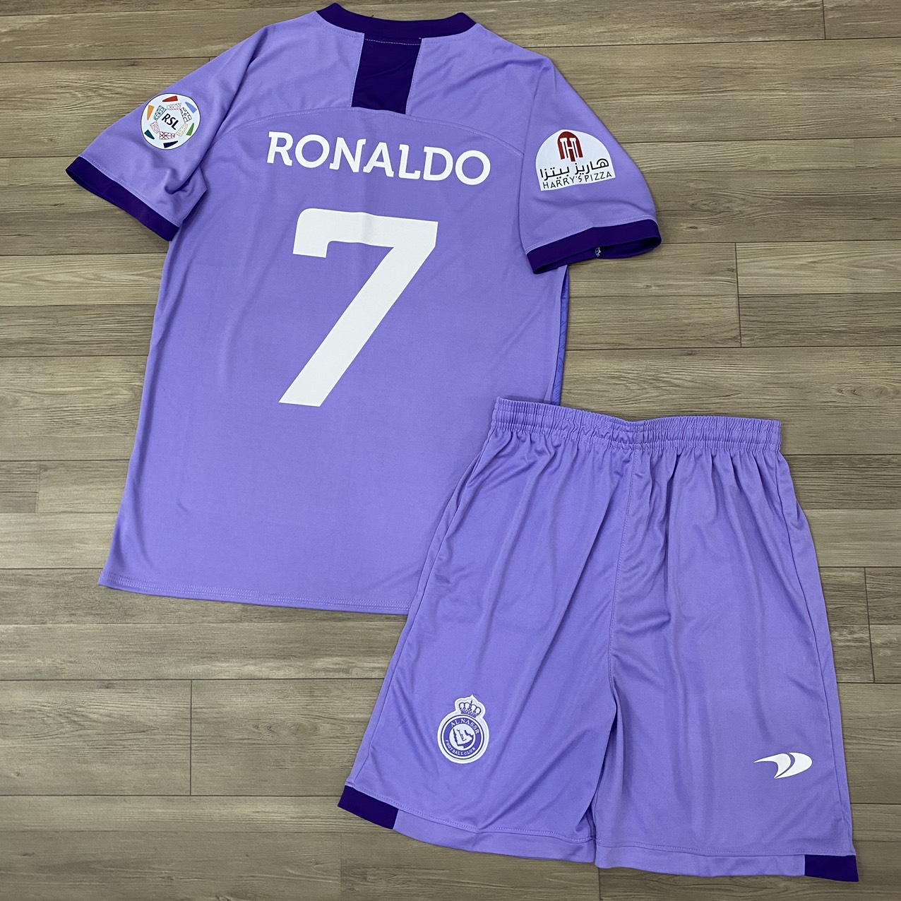 Bộ quần áo đá banh al nassr tím nhạt dk in tên ronaldo số 7
