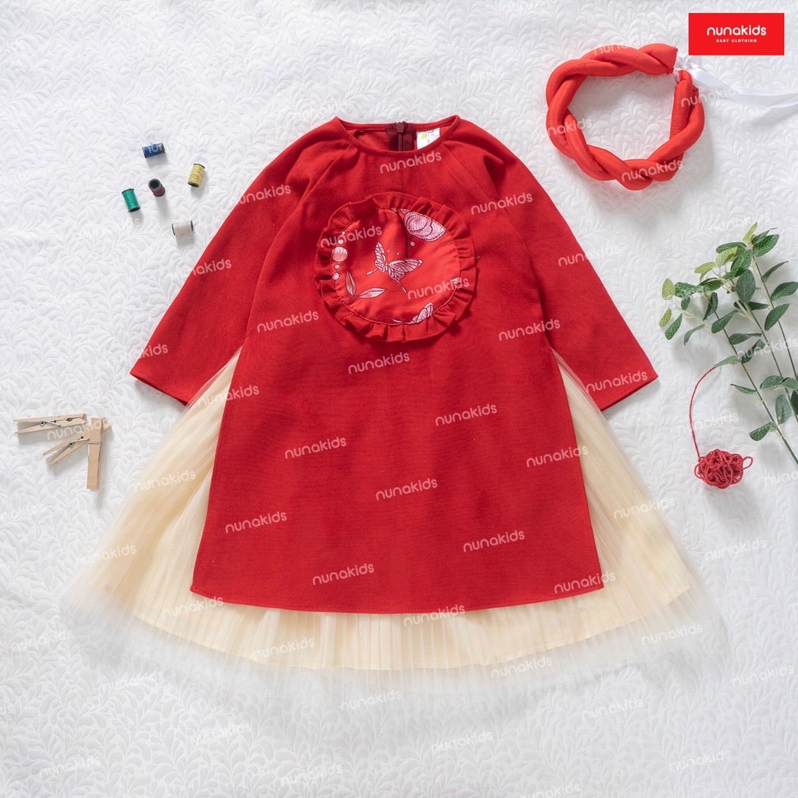 Áo dài trẻ em Nuna Kids họa tiết Viên Hy cao cấp mặc Tết kèm mấn đội đầu - Áo dài cho bé Nuna Kids