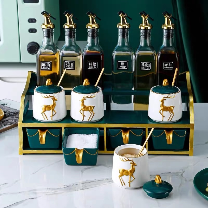 Bộ gia vị hũ hình hươu viền vàng sứ xanh sứ trắng cao cấp