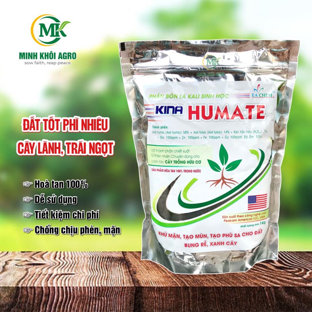 Phân bón sinh học cải tạo đất, phát triển rễ Kina Humate Túi 1kg | Humic nhập khẩu từ Mỹ.