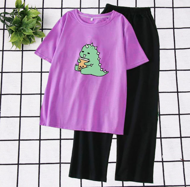 [HAN HAN SHOP 133] Sét Bộ Đồ Quần Áo Nữ Mùa Hè Mặc Đi Chơi Dạo Phố Cá Tính, Mặc Ở Nhà Xinh Cute, Combo Áo Thun Phông Cotton Organic Ngắn Tay Cổ Tròn Mát Mịn In Khủng Long Uống Trà Sữa Kèm Quần Rộng Sạn