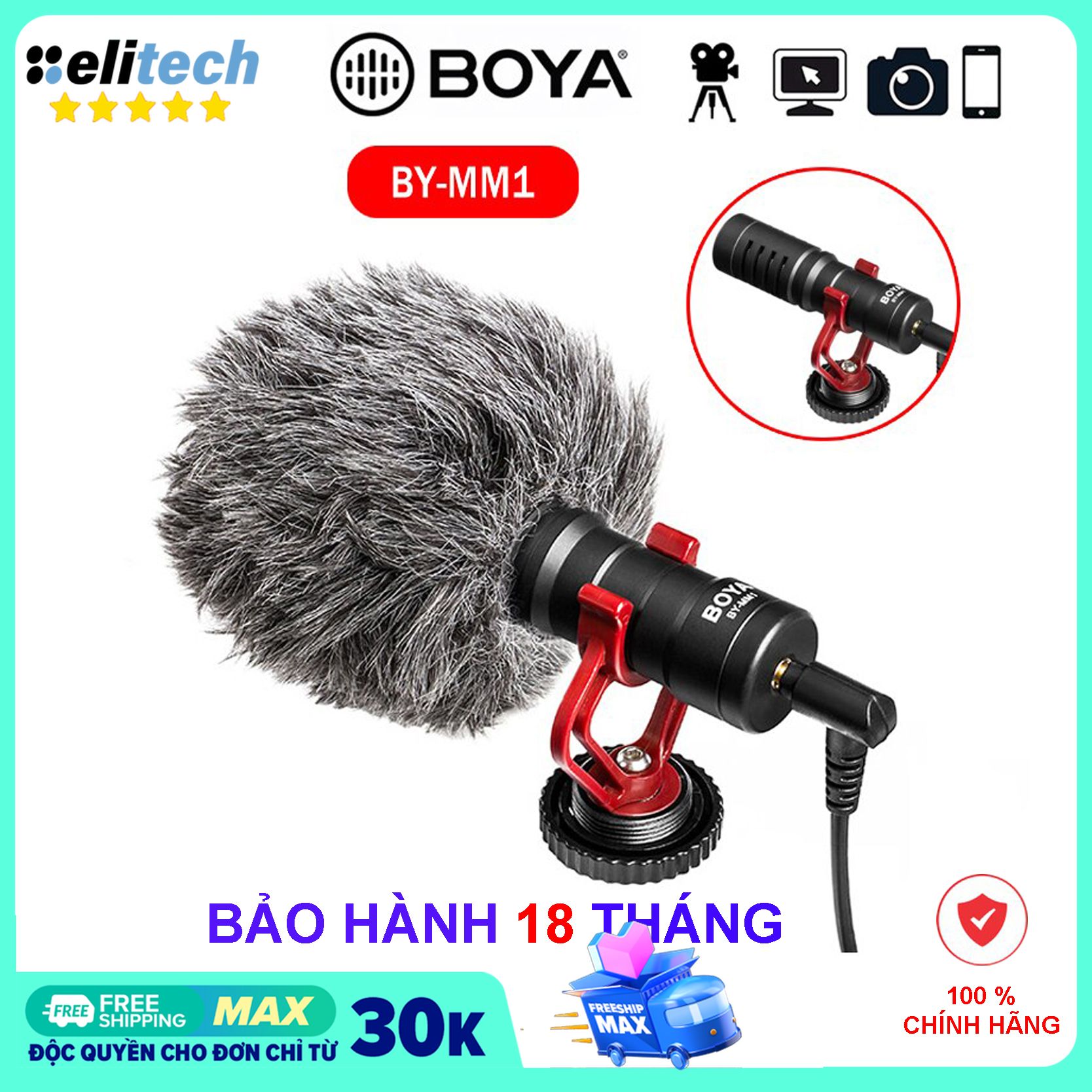 Micro Boya BY-MM1 thu âm cao cấp cho máy ảnh DSLR action camera và điện thoại - Hàng Chính Hãng