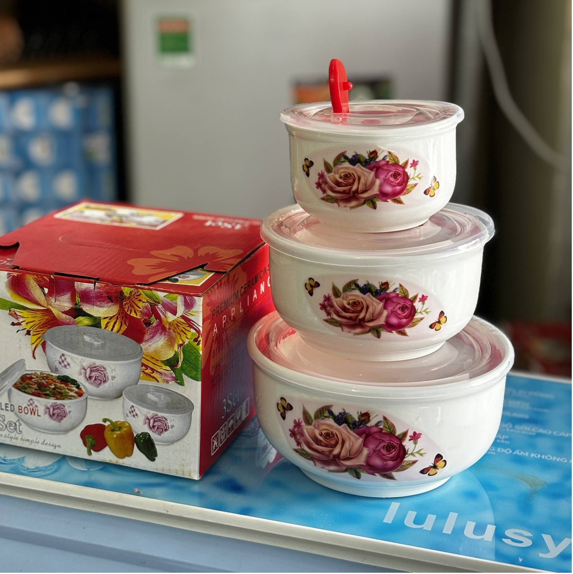 ComBo 3 Thố Sứ Có Nắp Silicon Cao Cấp - Hoạ Tiết Bắt Mắt - Chất Liệu Sứ Cao Cấp