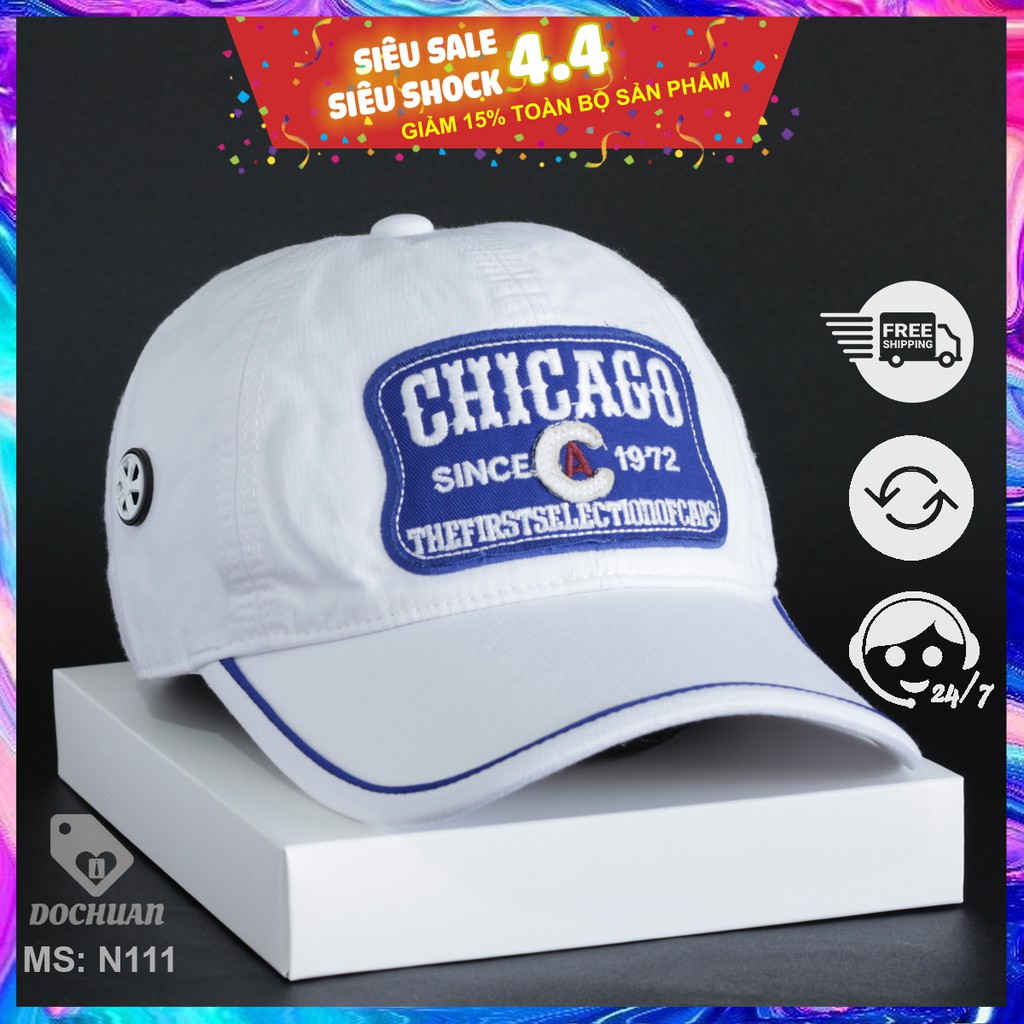 Nón Mũ Lưỡi Trai Chicago nam nữ DOCHUAN freesize full hộp Nón Kết thêu Logo Trắng