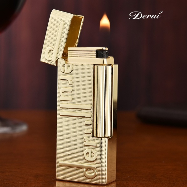 ( Chính Hãng ) Bật Lửa Hàng Cao Cấp DERUI 3011 Nguyên Khối Màu Vàng Chữ Nổi ( Có Hộp Xài Gas)