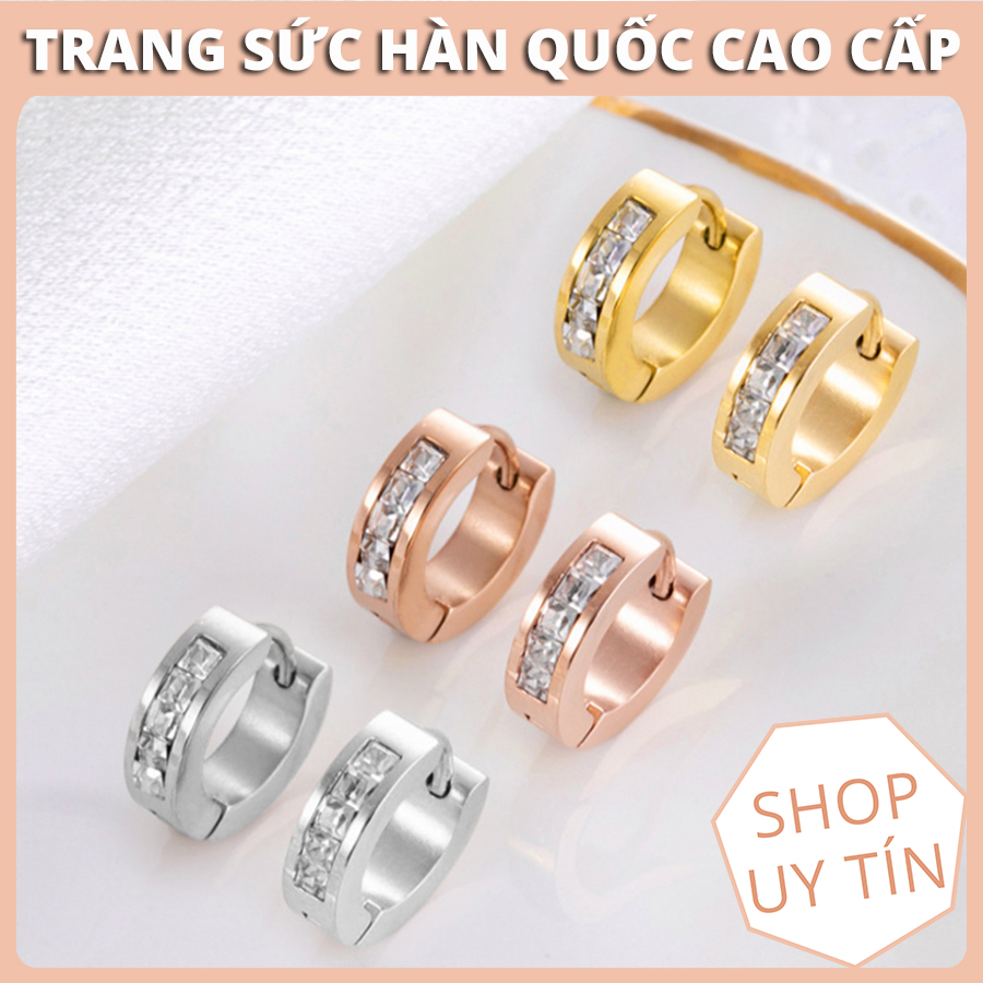 Bông tai, hoa tai titan khoen tròn đính đá tinh xảo