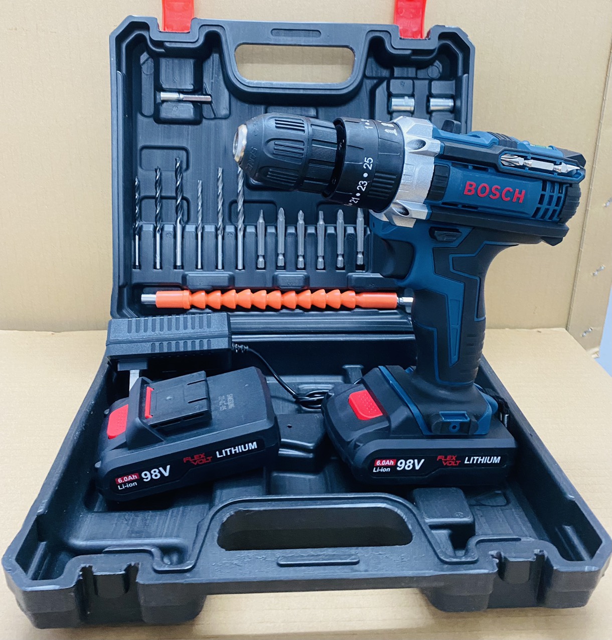 Máy khoan pin 98V BOSH 3 chức năng có búa - Chuyên khoan tường, khoan sắt, khoan gỗ, bắt vít - Tặng kèm 24 chi tiết gồm các mũi khoan + Mũi bắt vít