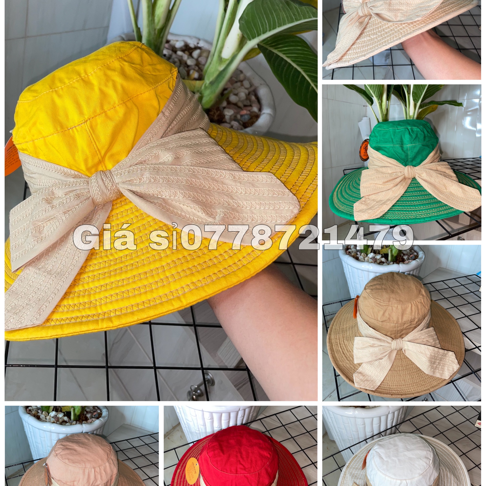 Mũ bo vải Kaki cột nơ nữ vành đại thời trang