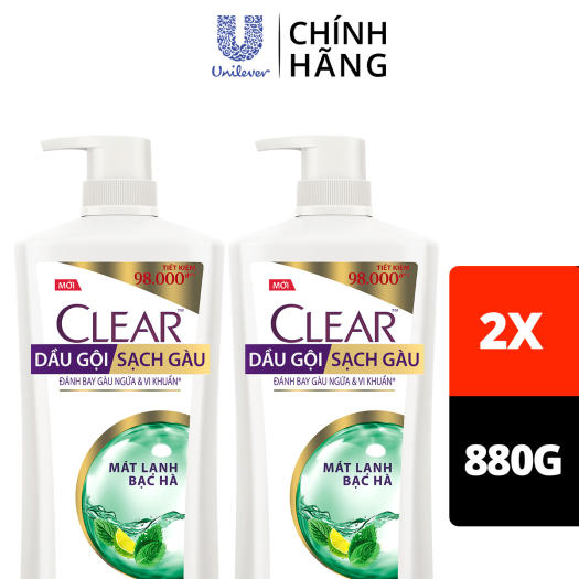 Combo 2 chai dầu gội đầu clear 880g sạch gàu -mát lạnh bạc hà đánh bay gàu ngứa vi khuẩn - sản xuất tại thái lan
