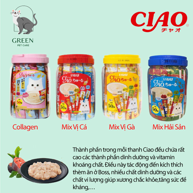 Súp thưởng Ciao Churu Thái cho mèo đủ vị hũ 50 thanh