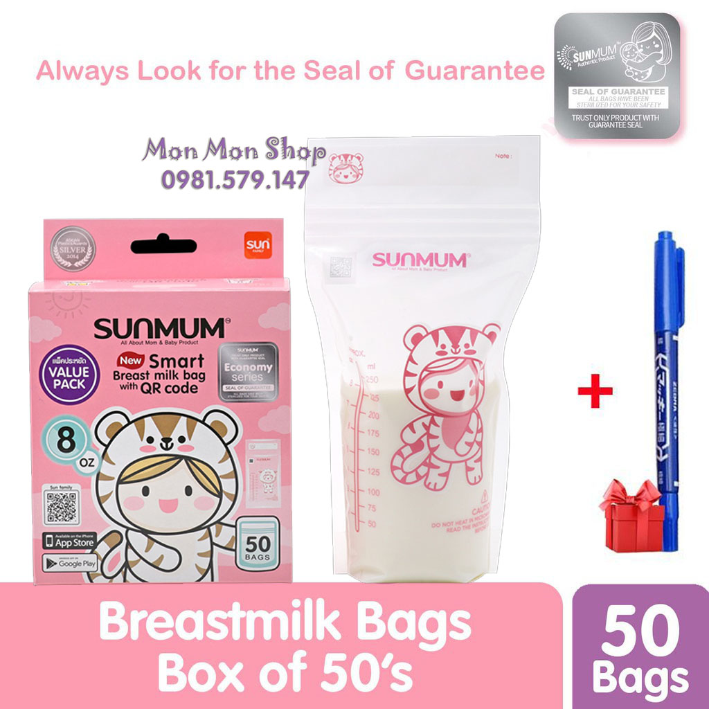 [Mẫu mới 2021 - kèm quà tặng] Túi trữ sữa Sunmum Thái Lan 250ml 3 khóa zipper ( 50 túi/ 1 hộp) không BPA hộp nguyên tem niêm phong chính hãng