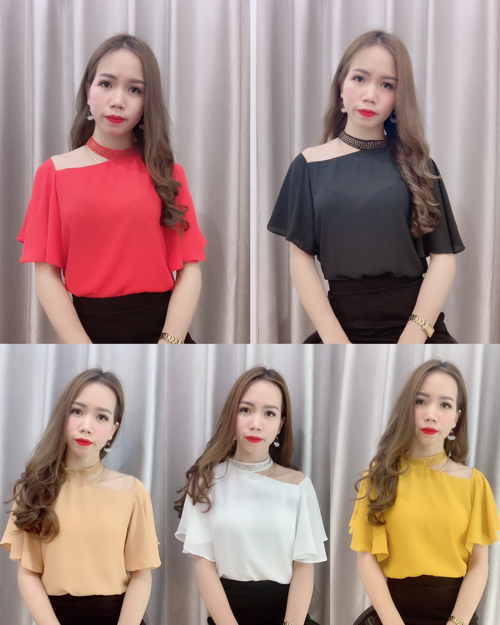 Áo sơ mi công sở nữ, áo sơ mi kiểu cổ đá lệch vai siêu sang