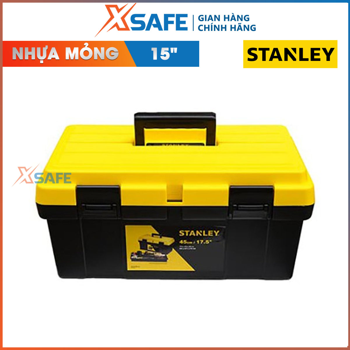 Hộp dụng cụ 15 STANLEY STST73697-8 Hộp có khóa nhựa trên thân thùng giúp các đồ đạc bên trong thùng không bị rơi ra ngoài khi di chuyển, chỉ bằng 1 cái ấn nhẹ là có thể đóng hay mở