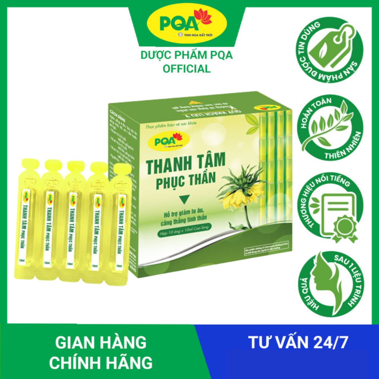 Thanh tâm phục thần PQA hỗ trợ thanh tâm, an thần, giảm lo âu, căng thẳng tinh thần, hồi hộp lo lắng, dễ bị sợ hãi, thần trí căng thẳng, trầm cảm