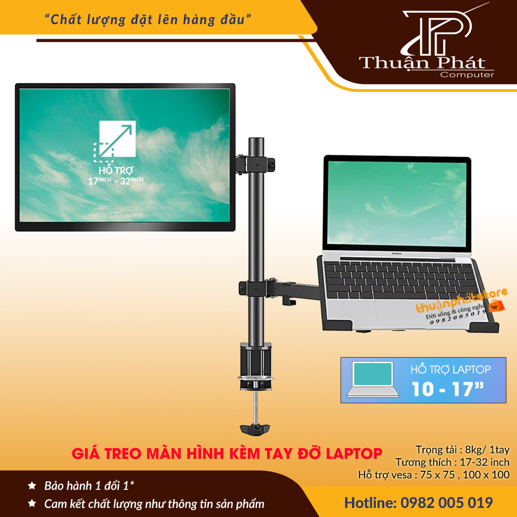 Giá Treo Màn Hình 17-32 Inch Kèm Giá Đỡ Laptop M074  / Tải Trọng 8Kg - Tay 38 Cm  - Lắp Đặt Kẹp Bàn