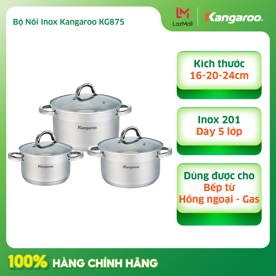 Bộ nồi Inox Kangaroo KG875 (3 cái: 16 - 20 - 24cm) - Lòng nồi công nghệ Nano - Đáy 5 lớp - Hàng chính hãng
