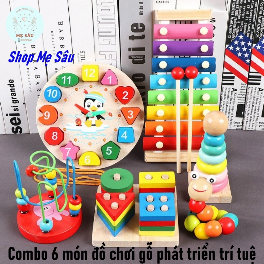 Combo 6 món đồ chơi gỗ phát triển trí tuệ cho bé giáo cụ Montessori Shop Mẹ Sâu, set 6 món đồ chơi gỗ thông minh gồm bộ luồn hạt, sâu uốn dẻo, đàn gỗ, tháp cầu vồng, thả hình 4 trụ, đồng hồ xâu hạt cho bé phát triển toàn diện