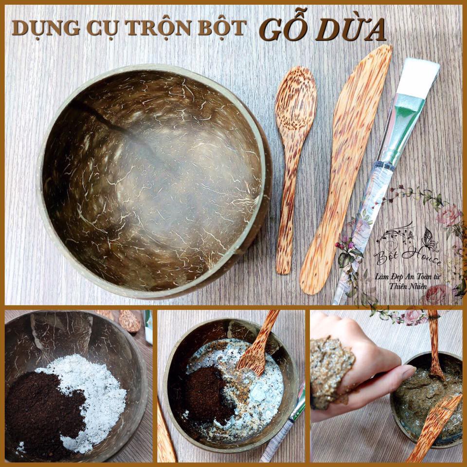[HCM]SÉT TRỘN GÁO DỪA NHÀ BỘT(bát dừa+muỗn+thìa +cọ)