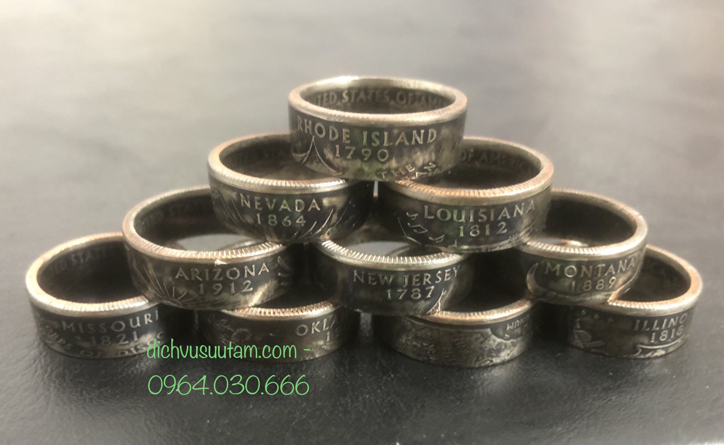 Nhẫn chế tác thủ công từ đồng xu các tiểu bang của Mỹ, độc lạ