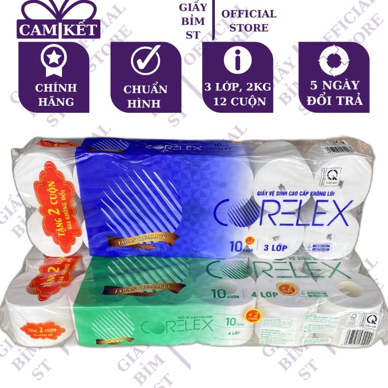 Giấy vệ sinh cuộn corelex 3 lớp 12 cuộn/dây 2kg có lõi, không lõi cao cấp - không lõi, có lõi