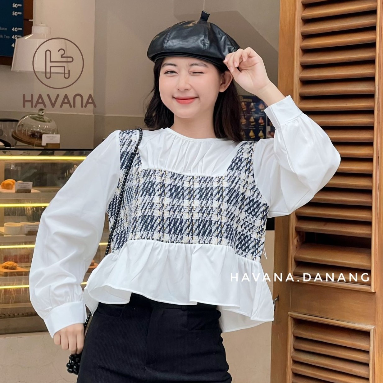 Áo babydoll dài tay phối họa tiết caro