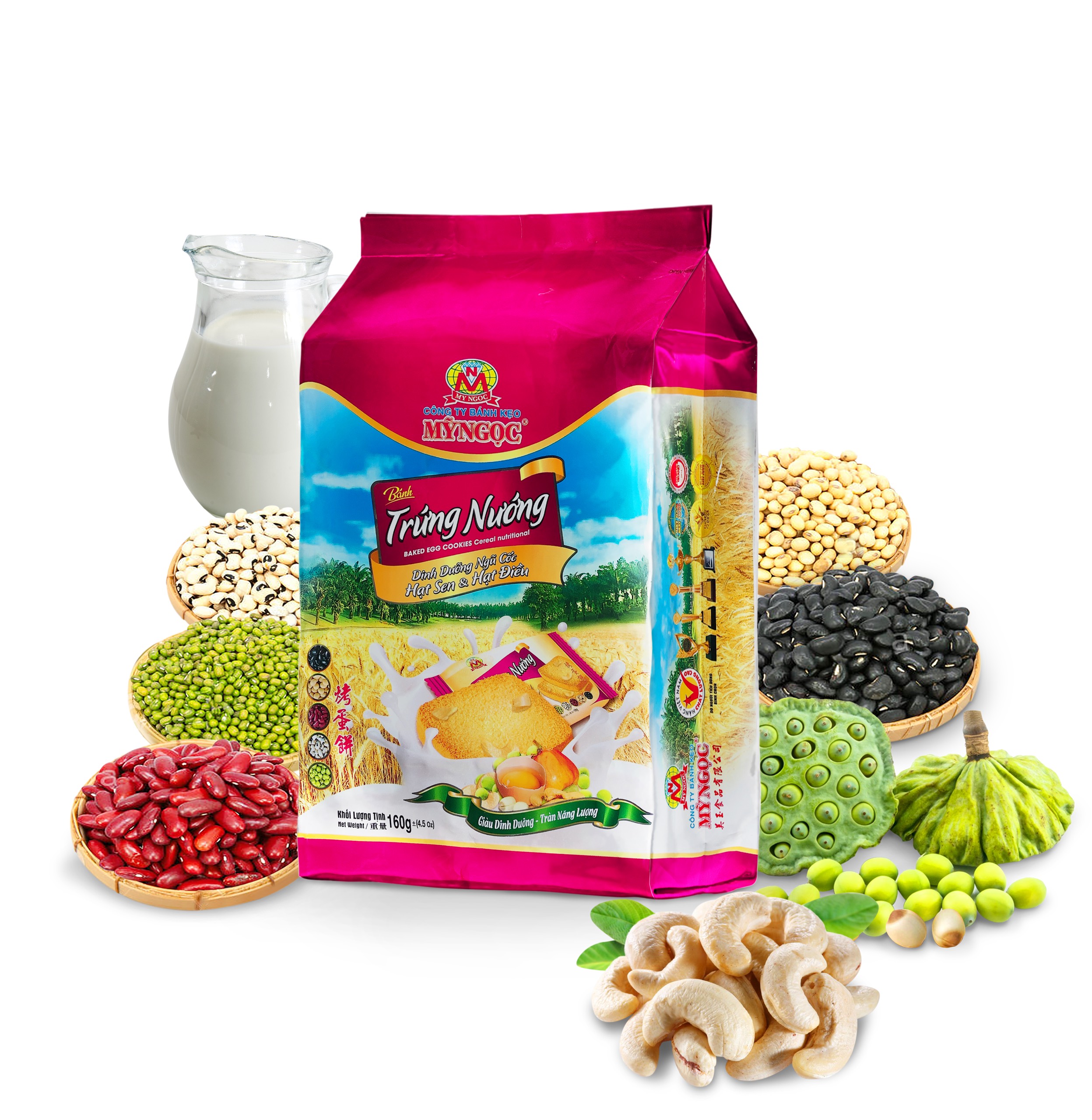 160g Bánh trứng nướng HẠT ĐIỀU sữa tươi  HẠT SEN & 5 vị NGŨ CỐC, giòn rụm GIÀU DINH DƯỠNG bổ sung NĂNG LƯỢNG