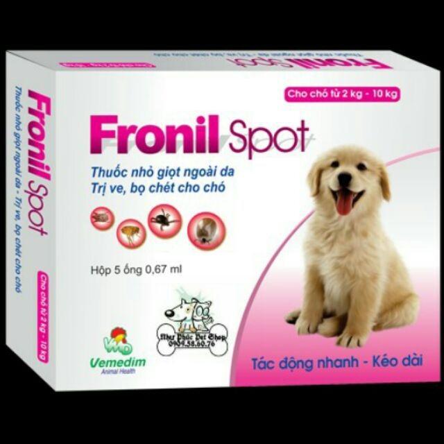 Combo 2 hộp Dung dịch nhỏ sống lưng trị ve ghẻ, bọ chét chó mèo - Fronil spot hộp 5 ống