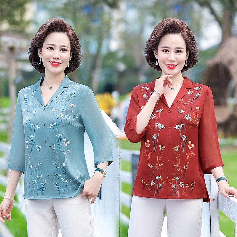 Áo trung niên nữ, Áo lụa trung niên cao cấp, hoạ tiết hoa nhí, chất liệu mềm mại thoáng mát