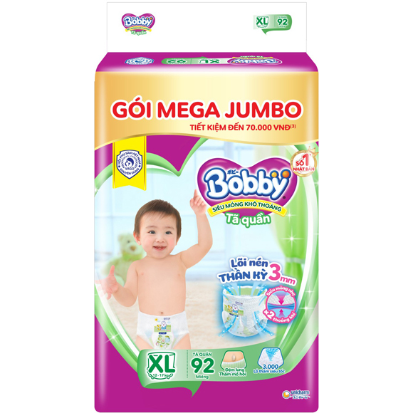 Tã/bỉm quần Bobby siêu thấm khô thoáng Mega Jumbo XL92 Mới