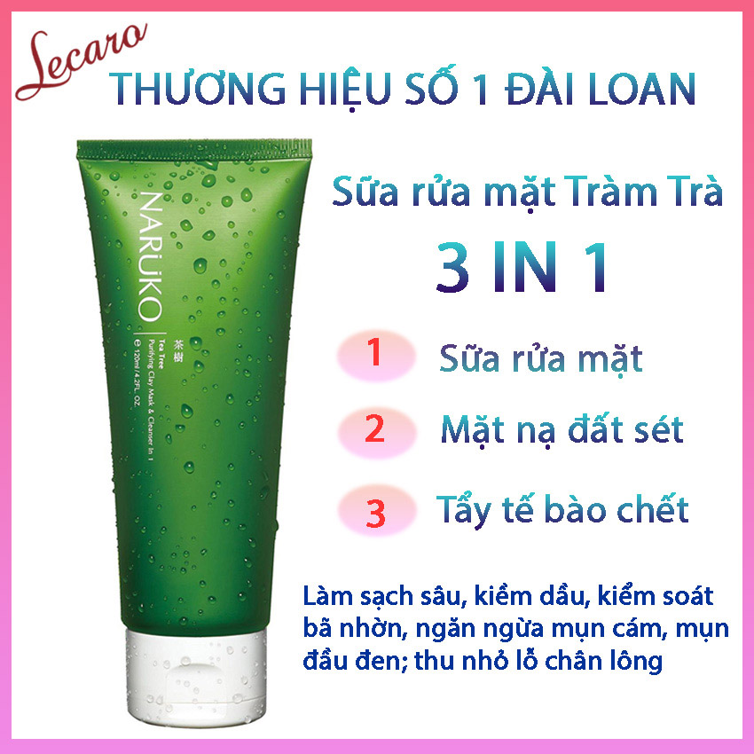 [HCM][NỘI ĐỊA ĐÀI LOAN] Sữa Rửa Mặt NARUKO Tràm Trà Dạng Bùn 3 IN 1 120Gr Sữa Rửa Mặt Ngừa Mụn Làm Sạch Sâu Giúp Lỗ chân lông Thông Thoáng Ngừa Mụn Cám Mụn Đầu Đen Mụn Trứng Cá Hiệu Quả LECARO LCR-SRM01
