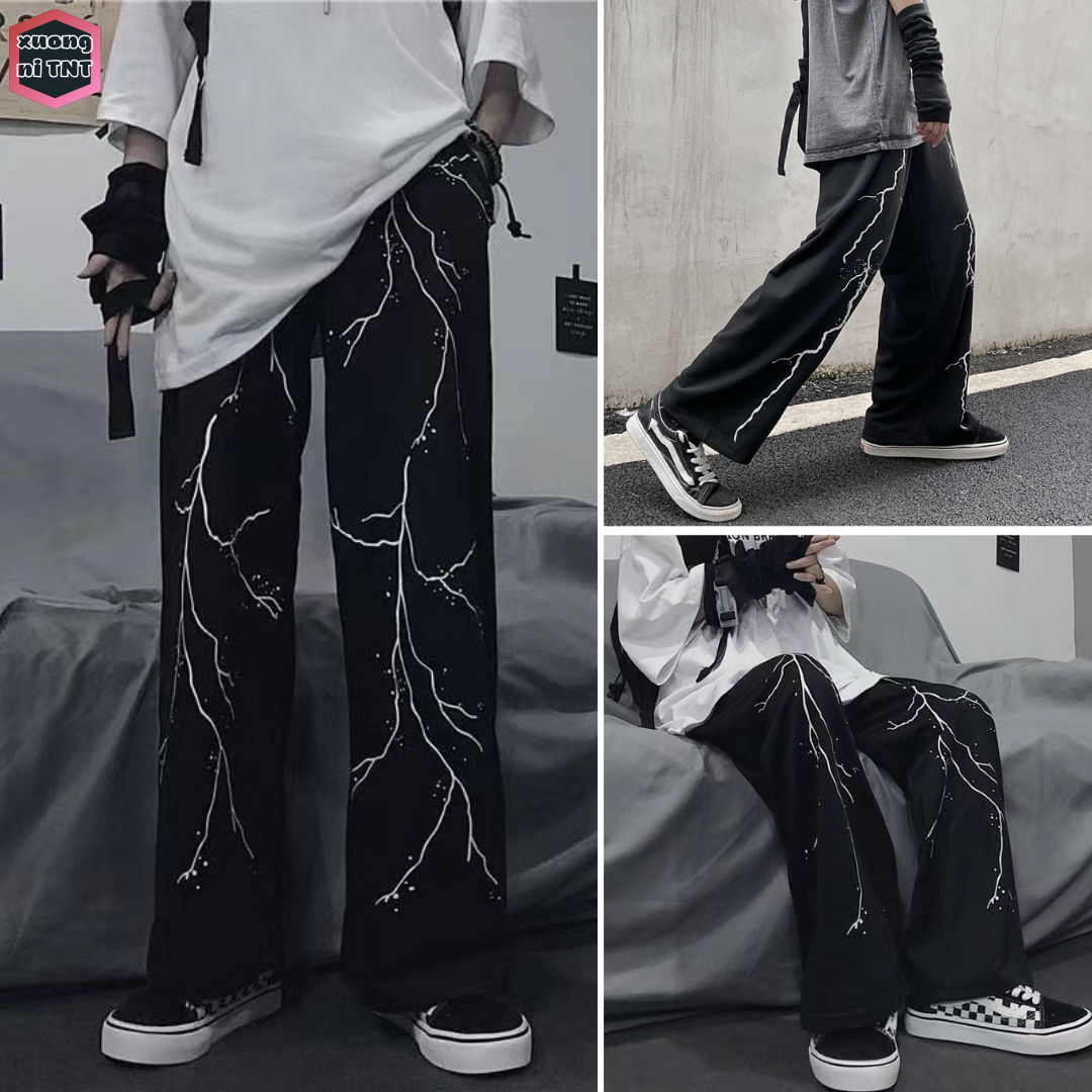Quần jogger nam nữ thể thao dáng xuông chất nỉ họa tiết tia chớp, quần thun dài ống rộng thu đông mặc nhà đi học màu đen - xuongniTNT