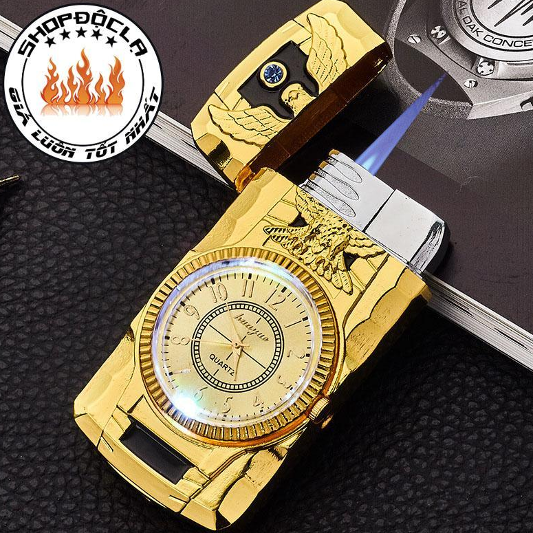 { HOT SALE } Bật Lửa Hộp Quẹt Bat Lua Hop Quet Ga Khò 1 Tia Kiêm Đồng Hồ Hình Đại Bàng, Rồng Dập Nổi Có Đèn Led 7 Màu Chạy Xung Quanh Cực Đẹp