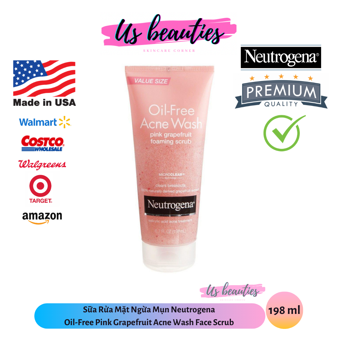 Sữa Rửa Mặt Ngừa Mụn Neutrogena Oil-Free Pink Grapefruit Acne Wash Face Scrub 198ml