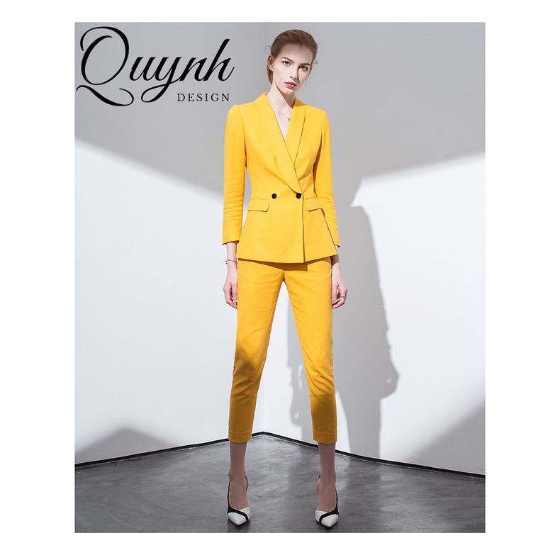 Set Vest nữ áo blazer nữ, quần ống đứng màu vàng QUYNH Design