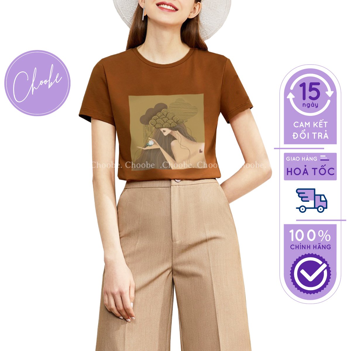 Áo thun nữ Choobe cộc tay thoáng mát, bộ sưu tập Vân Hoa Nữ phong cách cá tính, màu Nâu - A07