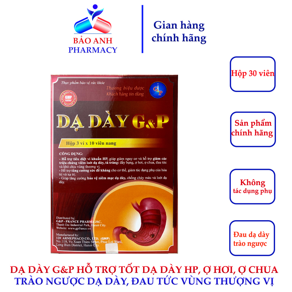 Dạ dày g&p – hỗ trợ tốt tình trạng vk hp dạ dày, đau dạ dày, dạ dày tá tràng, ợ hơi ợ chua, trào ngược dạ dày – hộp 30 viên