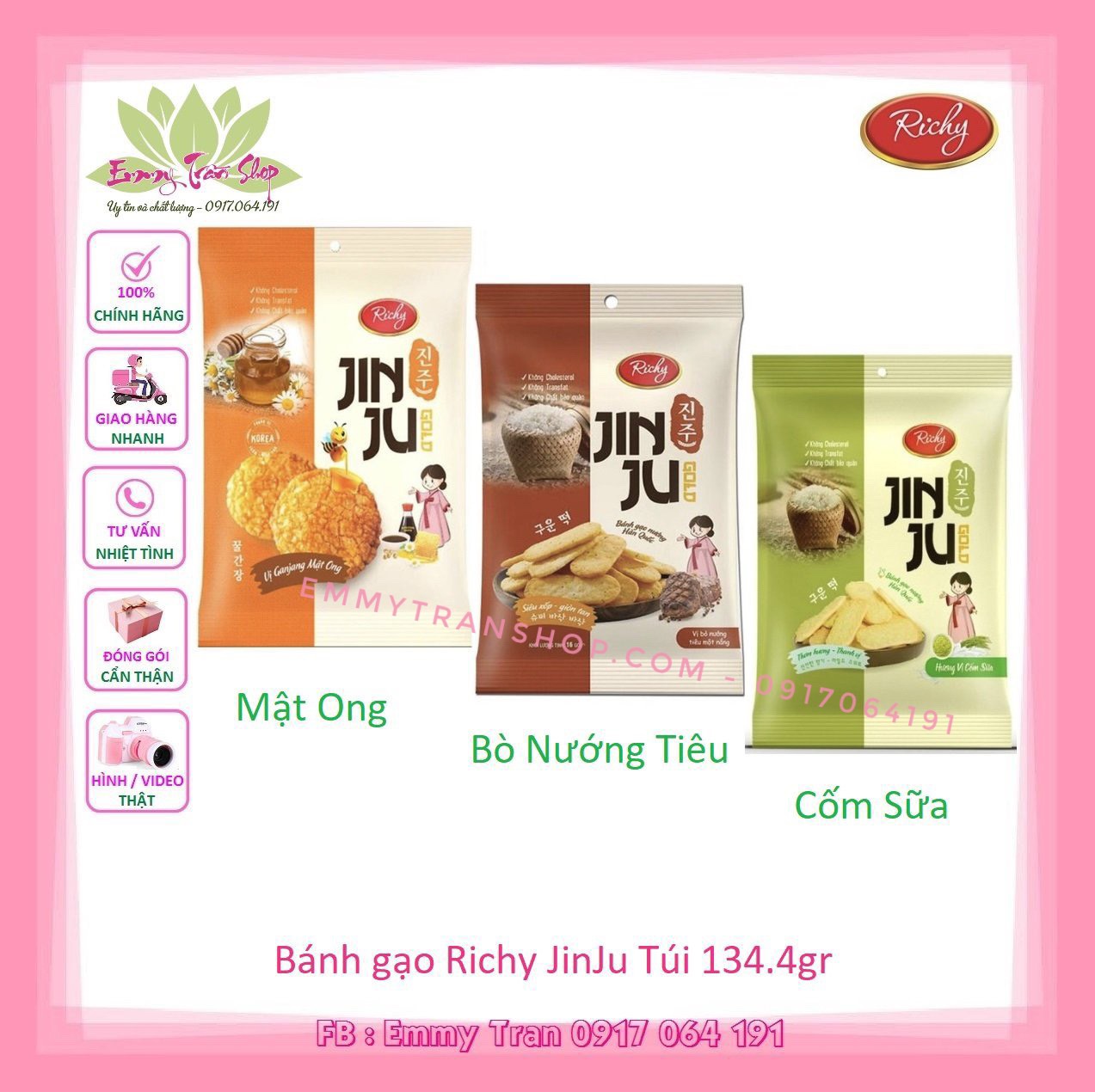 Bánh Gạo Richy JinJu Túi 134.4gr Vị Cốm Sữa / Vị Bò Nướng Tiêu / Vi Mật Ong ( EMMYTRAN SHOP )