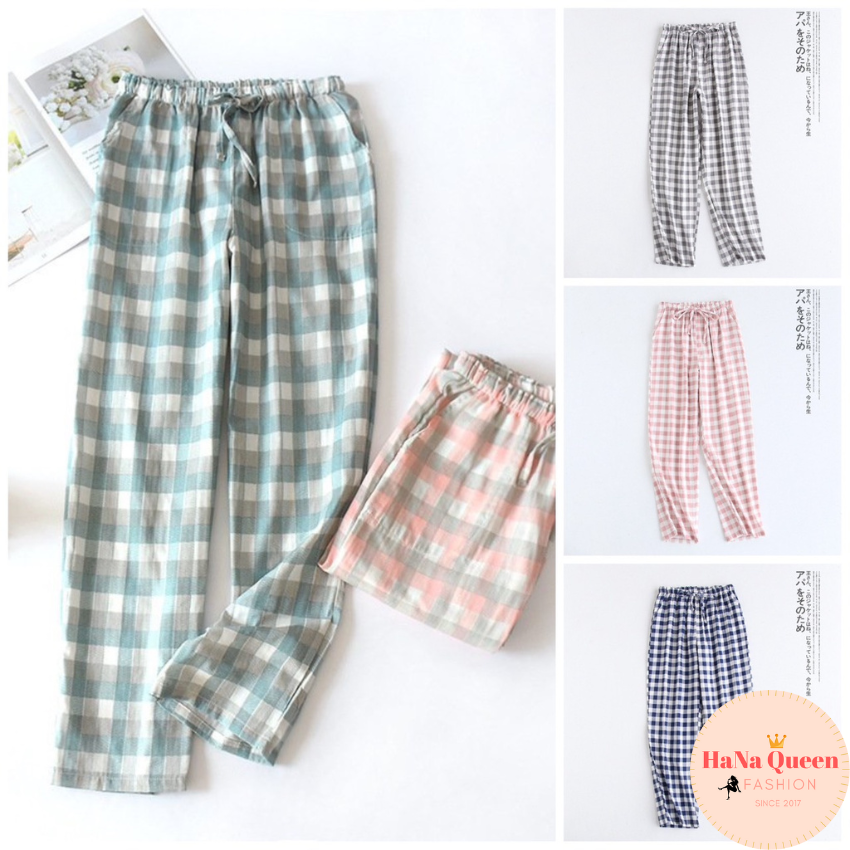 Quần ống suông kẻ karo chất vải cotton xô siêu mát, đủ size nhiều màu xinh xắn