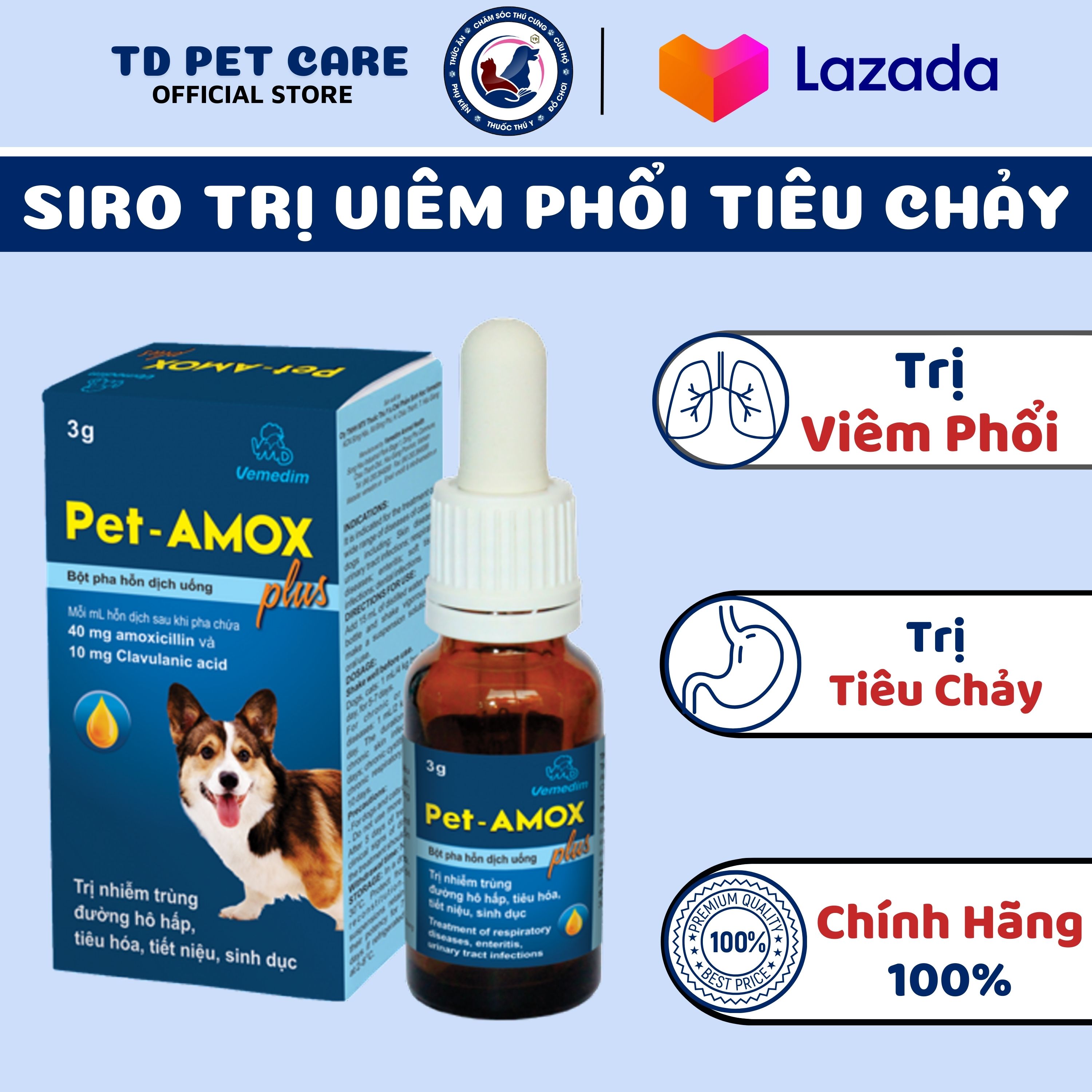 Dung dịch cho chó mèo hô hấp pet amox - dạng uống cho thú cưng