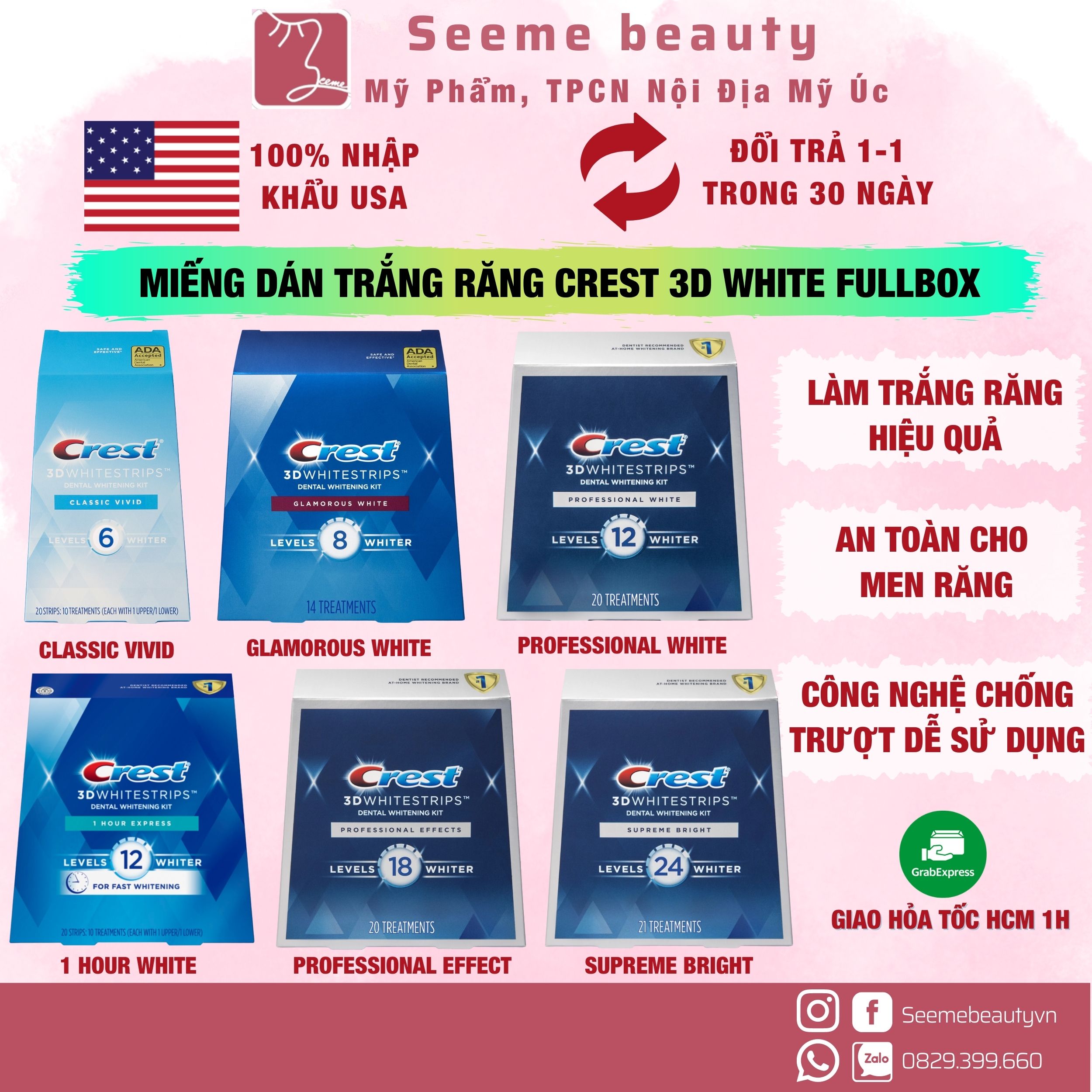 Miếng Dán Trắng Răng CREST Professional Effects/ Supreme Flexfit/ Glamorous/ 1Hour/ Charcoal