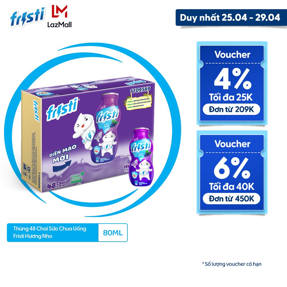 [25 - 29/4 VOUCHER ĐẾN 1 TRIỆU] Thùng 48 Chai Sữa Chua Uống Fristi Hương Nho 80ml (48x80ml)