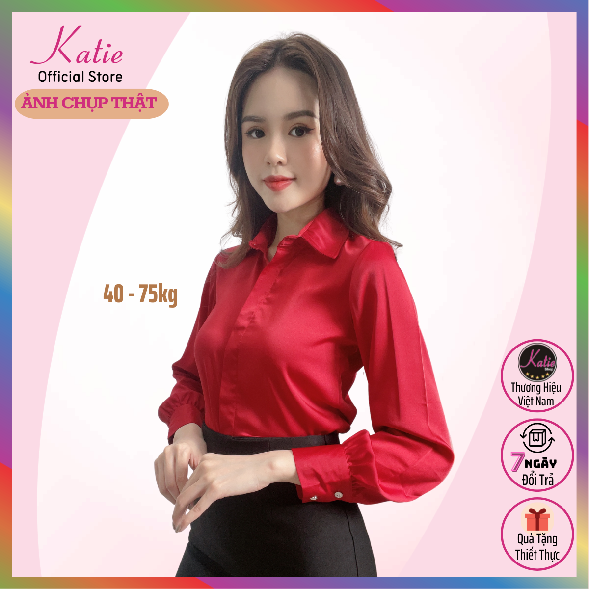 Áo sơ mi nữ công sở màu Đỏ Katie, Chất áo sơmi nữ Lụa Nhật cao cấp cực sang trọng không nhăn, có áo somi nữ Bigsize LĐ