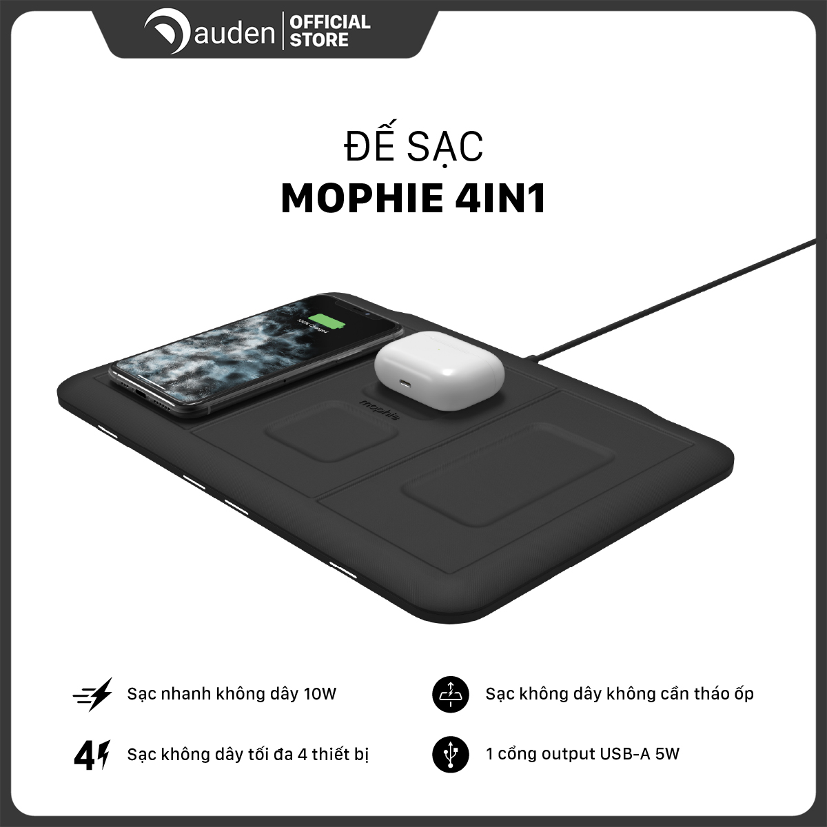 Đế sạc không dây Mophie 4in1 - Chuẩn Qi, an toàn, công suất lên tới 10w, không cần tháo vỏ ốp - Bọc vải sang trọng