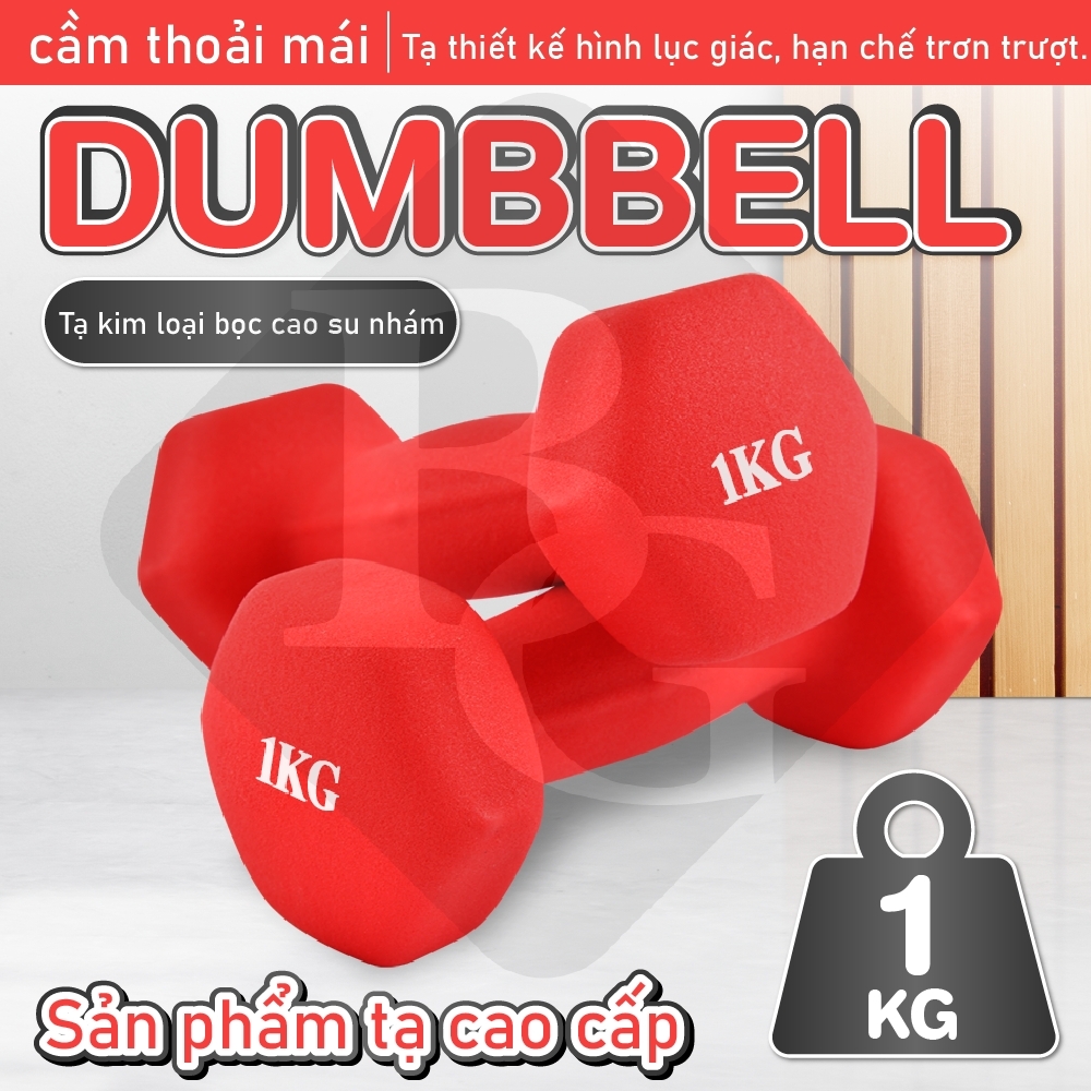 BG -Một cặp tạ tay 1KG cao cấp thép đặc bọc cao su nhám thái lan tập Gym (Tổng 2 KG) RED