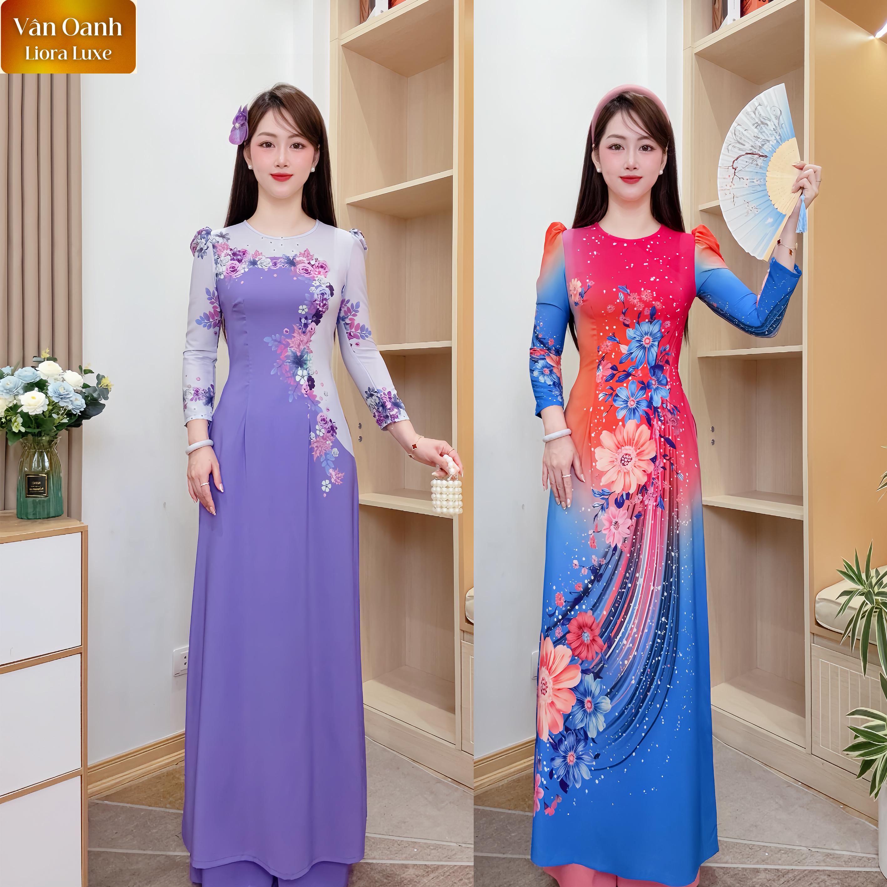 Áo Dài Vân Oanh Liora Luxe Chất Liệu Lụa Nhật Cao Cấp Thiết Kế Chiết Eo Tay Lỡ Vai Bồng In 6D