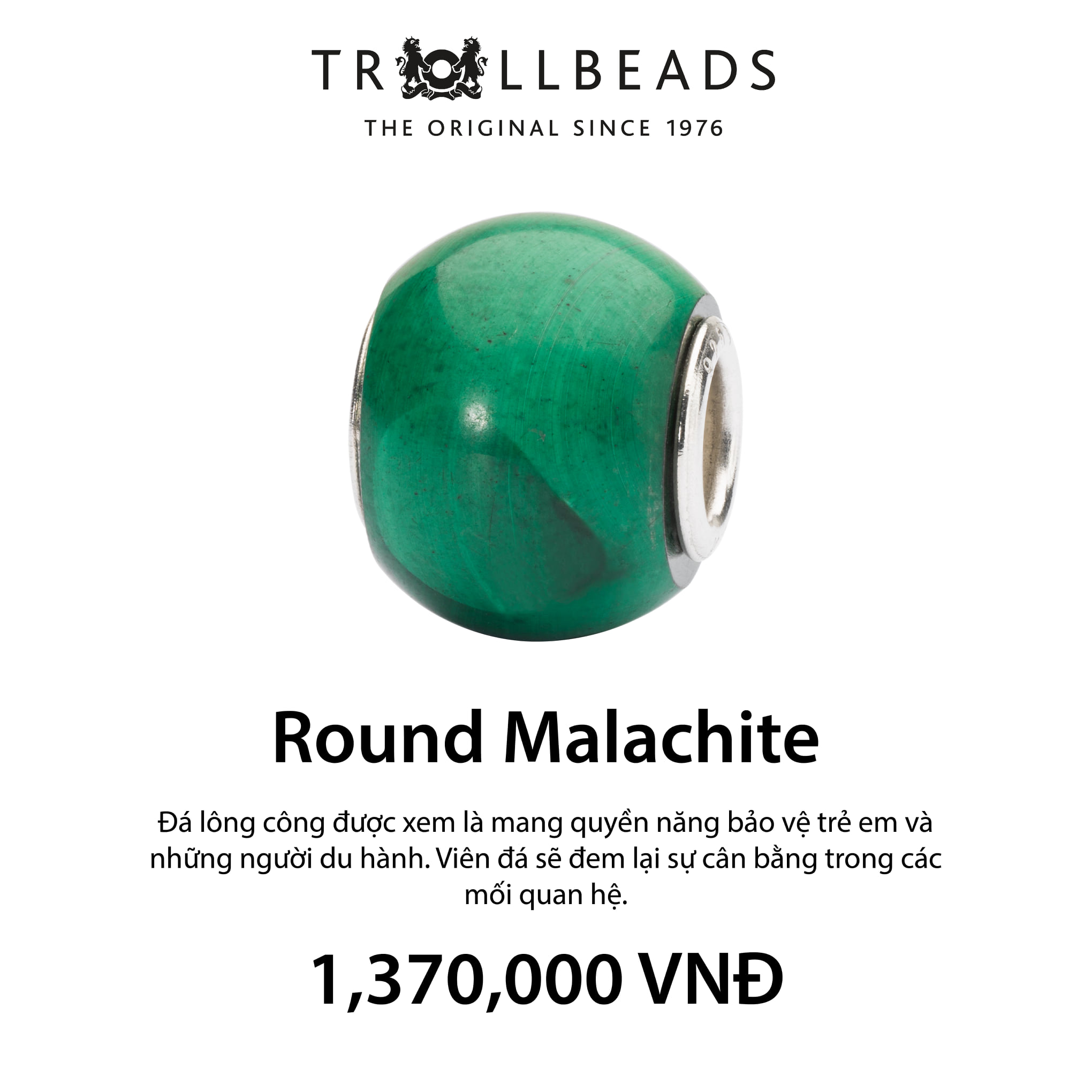 TROLLBEADS Đá Quý Tự Nhiên Round Malachite