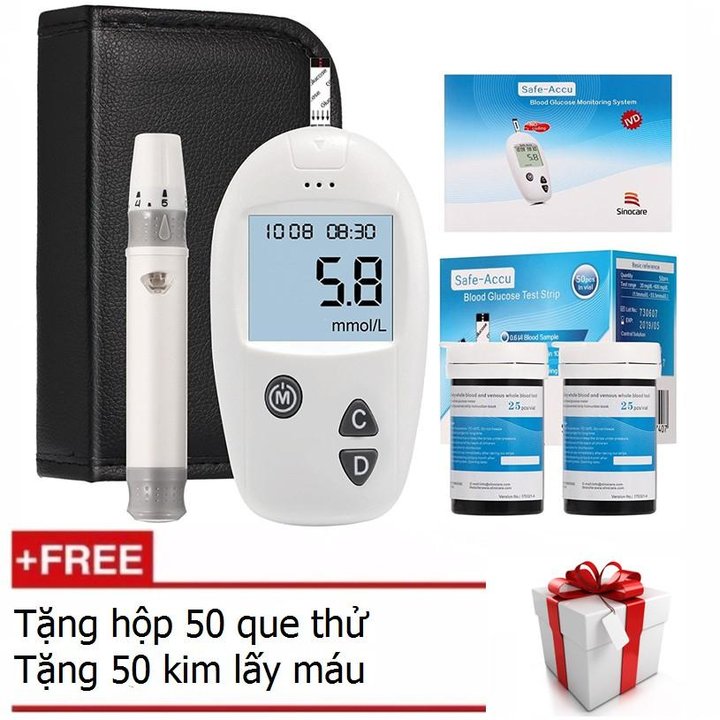 Bộ máy đo đường huyết Sinocare Safe Accu tặng 1 hộp 50 que thử và hộp 50 kim chích máu
