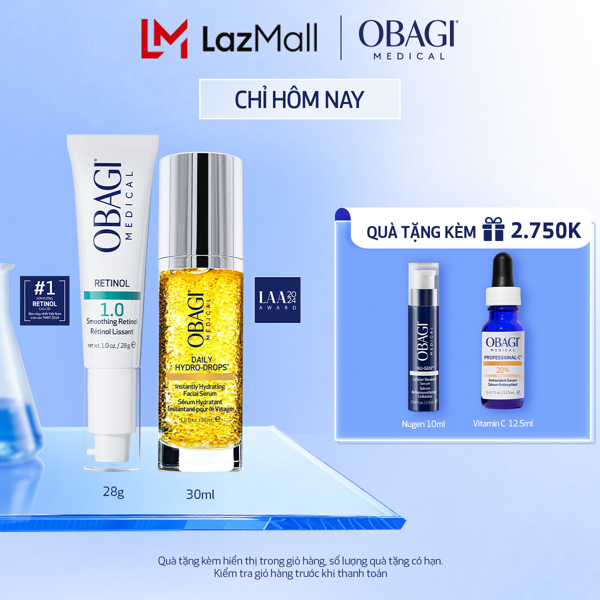Bộ đôi dưỡng da Kem Chống Lão Hóa  Tái Tạo Da Obagi Retinol 1.0 28g và Serum Cấp nước Dưỡng ẩm Hydro Drops 30ml